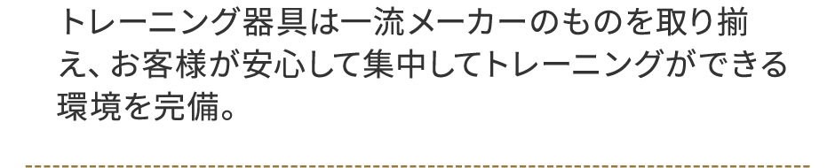 トレーニング器具は一流メーカーのものを取り揃え、お客様が安心して集中してトレーニングができる環境を完備。